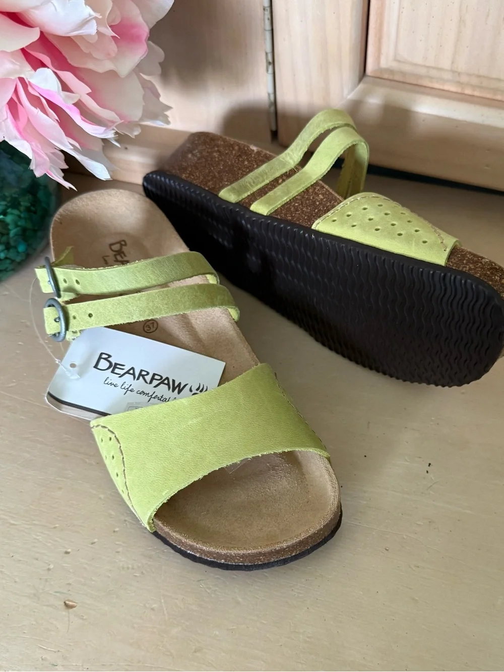 Lime Green Suede Slide Sandals with Buckle Straps (new)